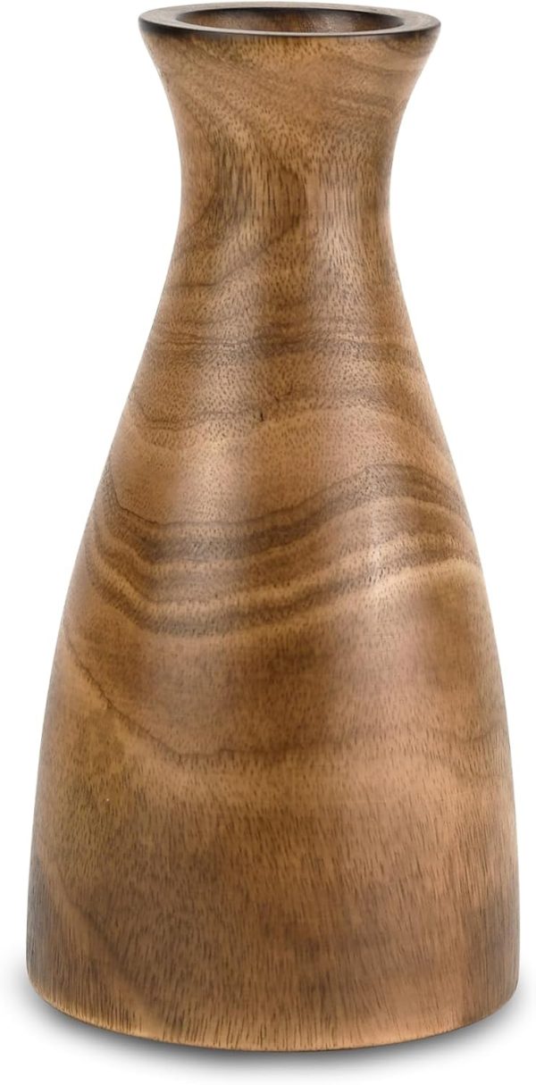 Natural Brown Stain Mango Tree Wood Bottle Shaped Slim Vase for Flower, 8 inches