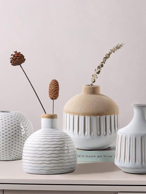 Minimalist Small Ceramic Vase Set of 4 for Bedroom Living Room Office Fireplace Centerpiece Antique White Vintage Farmhouse Rustic Retro Flower Vases Home Decor Gift for Fake Plants