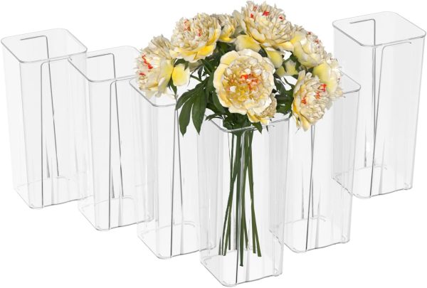 Acrylic Tall Square Flower Vases, Clear Plastic Table Vases for Centerpieces, 6 Packs