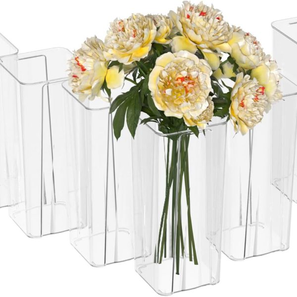 Acrylic Tall Square Flower Vases, Clear Plastic Table Vases for Centerpieces, 6 Packs