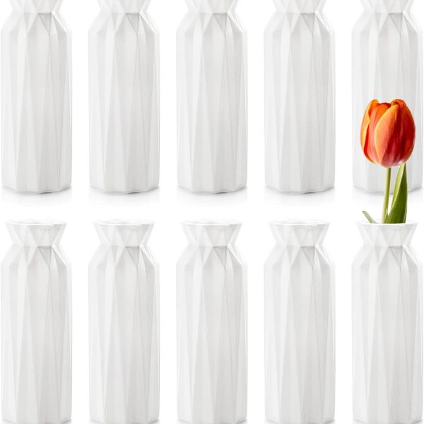 10 Pack Composite Plastic Flower Vase, 8" Plastic Vases for Centerpieces, White Unbreakable Vase for Wedding Dinner Table Party Living Room Office Bedroom Decor, Origami Design