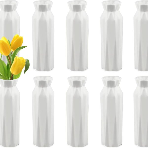 10 Pack Composite Plastic Flower Vase, White Plastic Flower Vase, 8" White Unbreakable Vase White Tall Conic Floral Vase for Center Wedding Party Living Room Decor