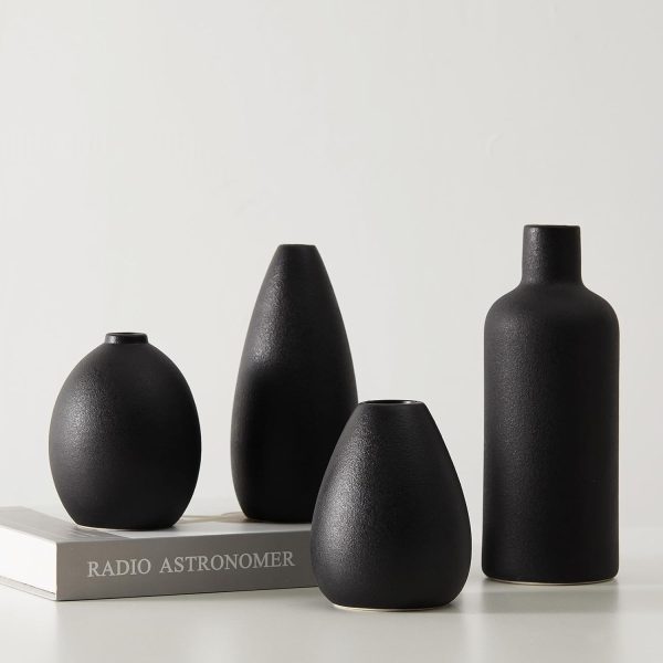 Black Ceramic Vase Set - 4 Small Unique Vases for Flowers, Modern Decorative Centerpieces and Home Decor