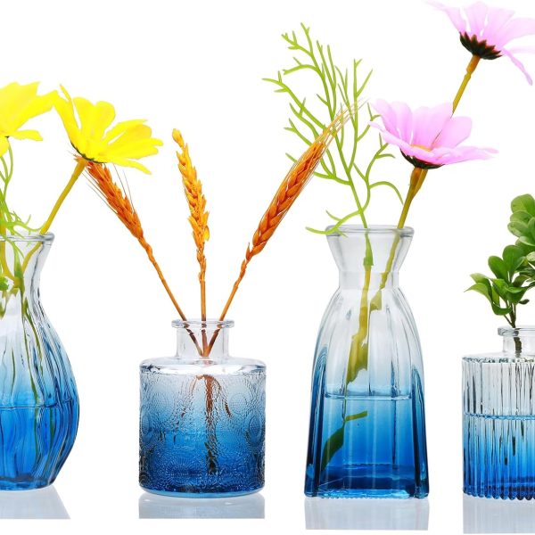 Glass Bud Vases Set of 4,Small Deep Blue Flower Vases for Wedding Centerpiece Table Decorations,Clear Vintage Embossed Mini Vases,Flower Arrangements in Vases for Party or Home Decor