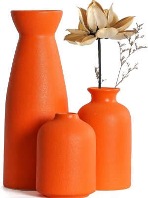 Ceramic Orange Vases Set of 3 Small Flower Vases for Decor, Modern Rustic Farmhouse Home Decor, Decorative Vases for Pampas Grass,Idea Shelf,Table,Bookshelf,Entryway- Distressed Decor