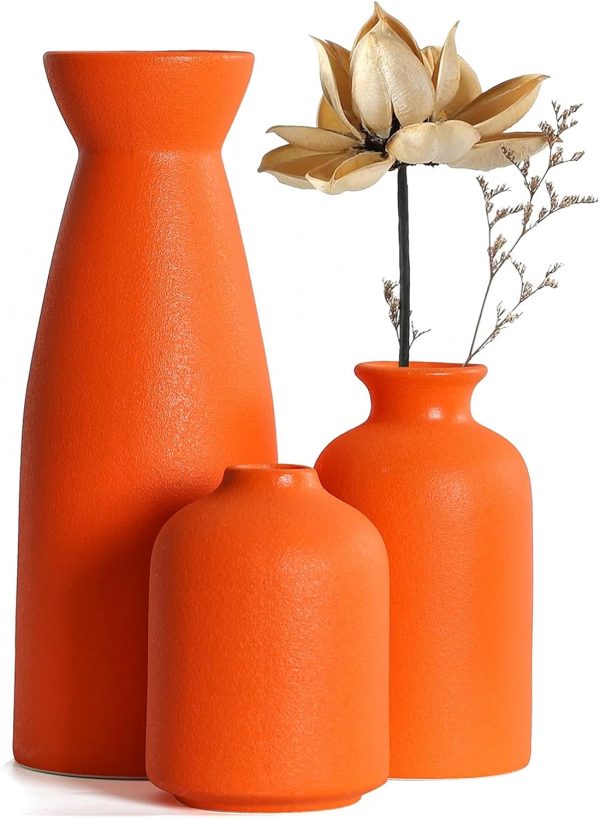 Ceramic Orange Vases Set of 3 Small Flower Vases for Decor, Modern Rustic Farmhouse Home Decor, Decorative Vases for Pampas Grass,Idea Shelf,Table,Bookshelf,Entryway- Distressed Decor