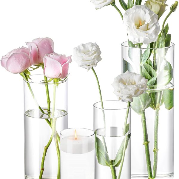 4 Pack Glass Cylinder Vases 4,6,8,10 Inch Tall Clear Flower Vase Hurricane Floating Candle Holder for Table Centerpiece Wedding Home Decor