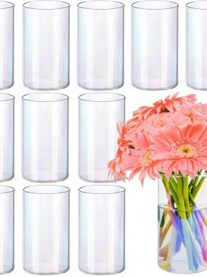 12pcs Glass Cylinder Vases for Centerpieces, Iridescent Vases for Wedding Decorations and Indoor Home Decor, 6 Inch Tall Glass Flower Vases, Hurricane Candle Holder for Table Shelf