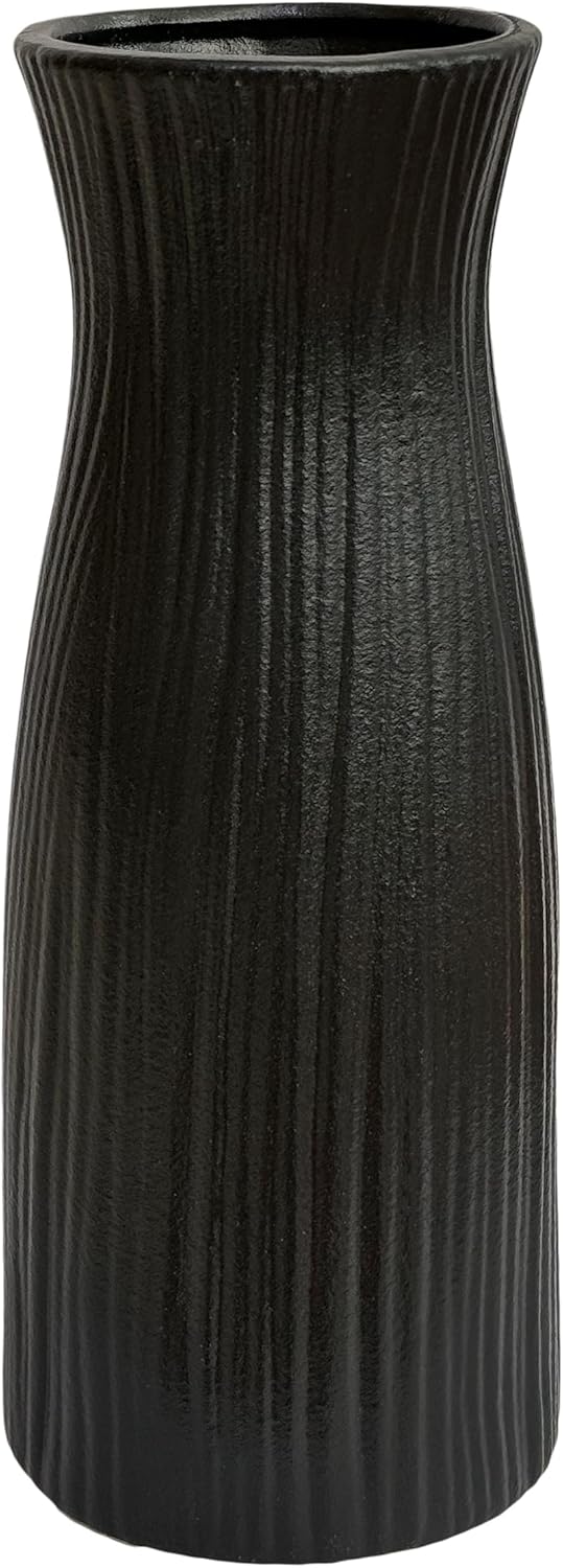 Black Vase, Ceramic Handcrafted Wooden Stump Texture 8 Inch Farmhouse Decor, Modern & Boho Room Accent for Living Room, Bedroom, Kitchen