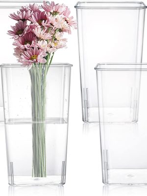 4 Pack Acrylic Flower Vase, Clear Square Tapered Table Flowers Vase Decorative Centerpiece for Home Kitchen Wedding Decorations, Unbreakable Plastic Vase for Flowers, 5x9 Inch Tall Cube Shape