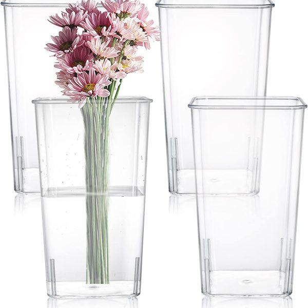 4 Pack Acrylic Flower Vase, Clear Square Tapered Table Flowers Vase Decorative Centerpiece for Home Kitchen Wedding Decorations, Unbreakable Plastic Vase for Flowers, 5x9 Inch Tall Cube Shape