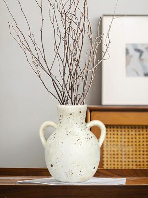 Ceramic Vase with 2 Handles, Rustic Pampas Grass Vase, Vintage Farmhouse Decor 7.5Inch Modern Decorative Flower Ceramic Vase for Home Decor, Table, Living Room Decoration, Office