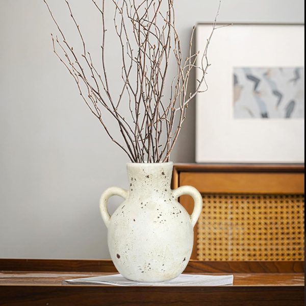 Ceramic Vase with 2 Handles, Rustic Pampas Grass Vase, Vintage Farmhouse Decor 7.5Inch Modern Decorative Flower Ceramic Vase for Home Decor, Table, Living Room Decoration, Office