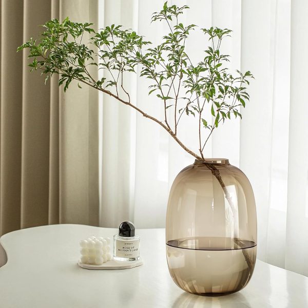 Brown Glass Vase Round Clear Colored Flower Vase for Centerpiece Long Stem Branch Fresh Artificial Plant Bottle Modern Home Indoor Decoration (Brown)