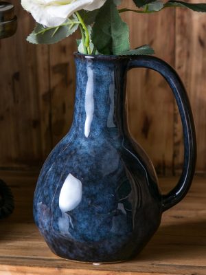 Blue Ceramic Vase with Big Handles, Modern Farmhouse Vase for Home Decor, Rustic Pottery Vase, Decorative Terracotta Vase for Flowers, Vintage Centerpieces for Dining Table