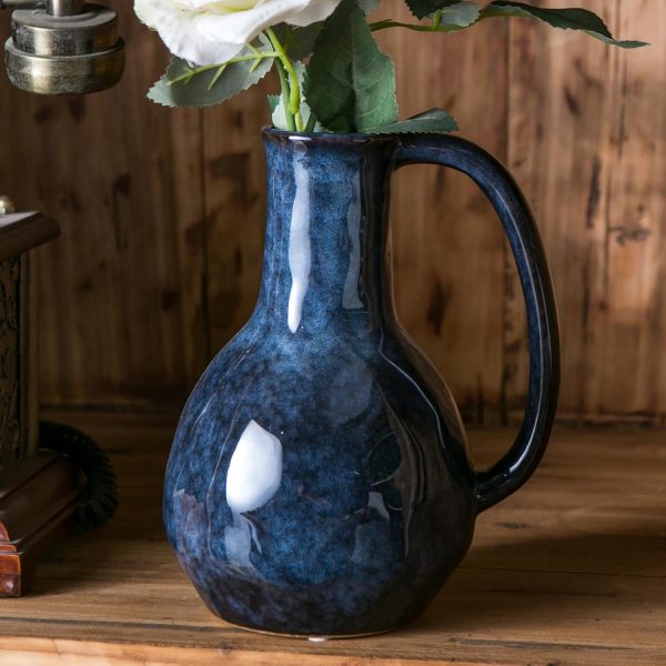 Blue Ceramic Vase with Big Handles, Modern Farmhouse Vase for Home Decor, Rustic Pottery Vase, Decorative Terracotta Vase for Flowers, Vintage Centerpieces for Dining Table
