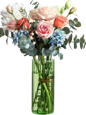 Glass Cylinder Vases, Bud Vase for Centerpieces, 8 Inch Tall Ribbed Vase Hurricane Floating Candle Holder, Decorative Flower Vases for Wedding Reception, Home Decor, Housewarming Gift (Green)