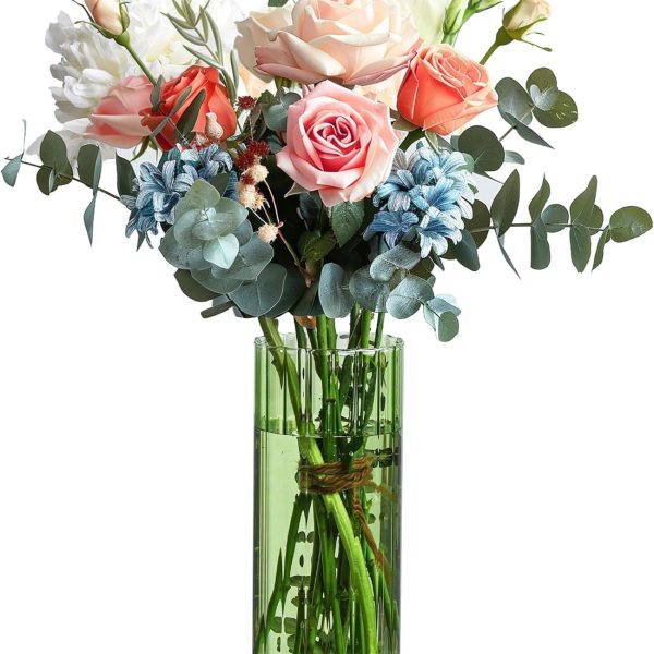 Glass Cylinder Vases, Bud Vase for Centerpieces, 8 Inch Tall Ribbed Vase Hurricane Floating Candle Holder, Decorative Flower Vases for Wedding Reception, Home Decor, Housewarming Gift (Green)