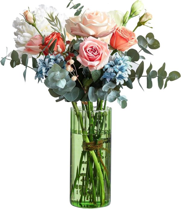 Glass Cylinder Vases, Bud Vase for Centerpieces, 8 Inch Tall Ribbed Vase Hurricane Floating Candle Holder, Decorative Flower Vases for Wedding Reception, Home Decor, Housewarming Gift (Green)