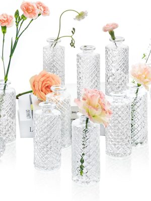 Glass Bud Vases Set of 12, Small Diamond Bud Vases in Bulk, Mini Flowers Vases for Centerpieces, Vintage Bottle for Table Decorations, Wedding Decor, Recepetion, Home, (Clear)