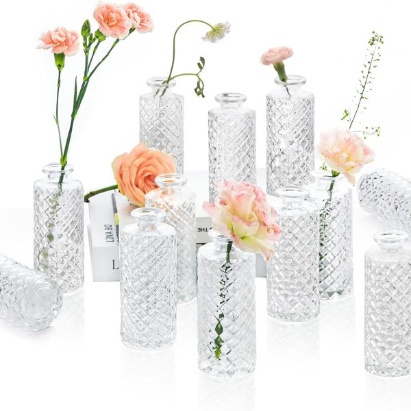 Glass Bud Vases Set of 12, Small Diamond Bud Vases in Bulk, Mini Flowers Vases for Centerpieces, Vintage Bottle for Table Decorations, Wedding Decor, Recepetion, Home, (Clear)
