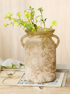 Glass Flower Vase with Handle- 8 Inches Rustic Imitation Ceramic Vase for Flowers, Vintage White Brown Centerpiece Decorations for Farmhouse, Modern Home, Table & Holiday Decorations