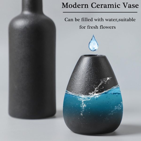 Black Ceramic Vase Set - 4 Small Unique Vases for Flowers, Modern Decorative Centerpieces and Home Decor