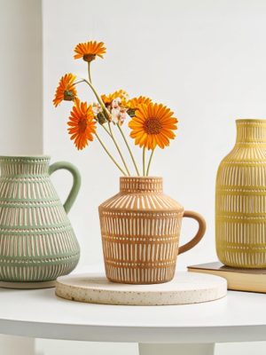 Ceramic Vase Set of 3 for Living Room Bedroom Modern Yellow Brown Green Fake Flower Plant Vases for Home Decor Office Centerpieces Antique Retro Rustic Farmhouse Vintage Classic Gift