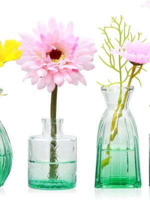 Glass Bud Vases Set of 4,Small Green Flower Vases for Wedding Centerpiece Table Decorations,Clear Vintage Embossed Mini Vases,Flower Arrangements in Vases for Party or Home Decor