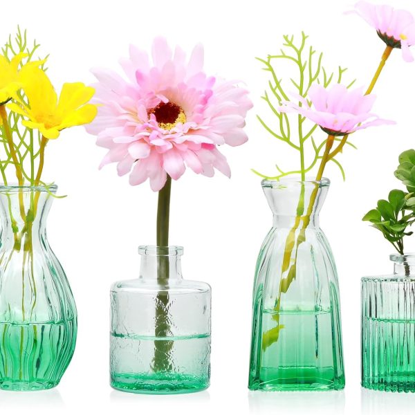 Glass Bud Vases Set of 4,Small Green Flower Vases for Wedding Centerpiece Table Decorations,Clear Vintage Embossed Mini Vases,Flower Arrangements in Vases for Party or Home Decor