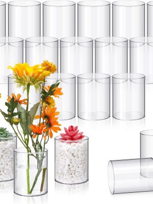 20 s Plastic Cylinder Vase 4 Inch Acrylic Cylinder Vase Bulk Small Clear Flower Container Hurricane Candle Holder Round Wide Container Centerpiece for Home Office Wedding Decorations