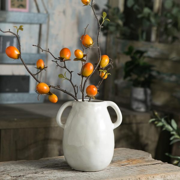 White Ceramic Vase with 2 Handles, Modern Farmhouse Vase for Home Decor, Rustic Terracotta Vase, Decorative Pottery Flower Vase, Clay Samll Vase, Centerpieces for Dining Table - 7 Inch Tall