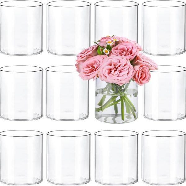 12pcs Glass Cylinder Vases for Centerpieces, Clear Vases for Wedding Decorations and Indoor Home Decor, 4 Inch Tall Glass Flower Vases, Hurricane Candle Holder for Table Shelf