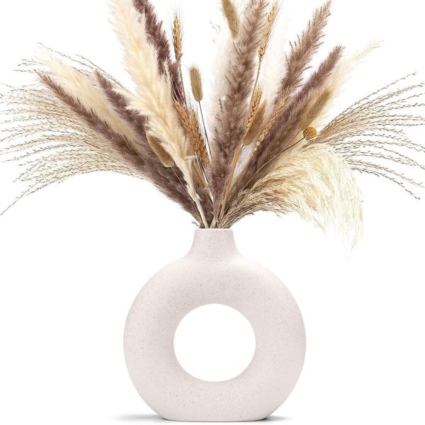 White Donut Vase Hollow Ceramic Vase for Flowers Handmade Minimalist Boho ins Style Modern Home Decor for Wedding Dinner Table Party Living Room Office Bedroom(M)