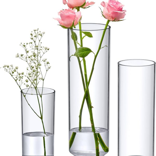 Plastic Cylinder Vases (3-Piece Set), Acrylic Flower Vases for Wedding Centerpieces, Home Decorations, Office Ornaments, Shatter-Proof, 6" + 9" + 12" (H) (Not Glass)