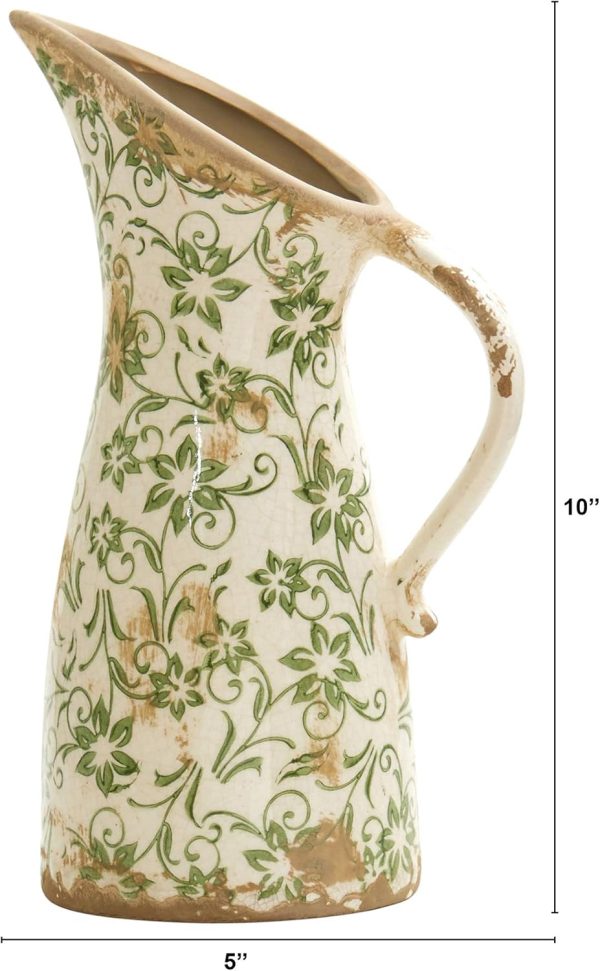 6.5in. Tuscan Ceramic Green Scroll Pitcher Vase