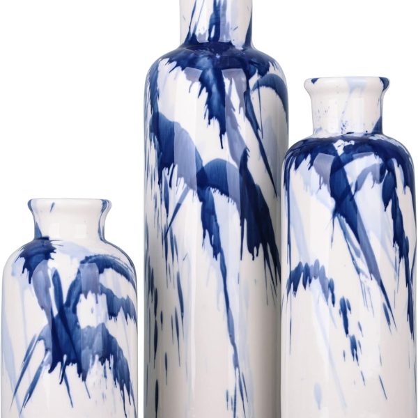 Blue Ceramic Vase Set of 3 - Decorative Navy Blue and White Vase for Centerpieces, Farmhouse and Home Decor - Ideal for Living Room, Kitchen, Bedroom, Dining Table and Office Decor