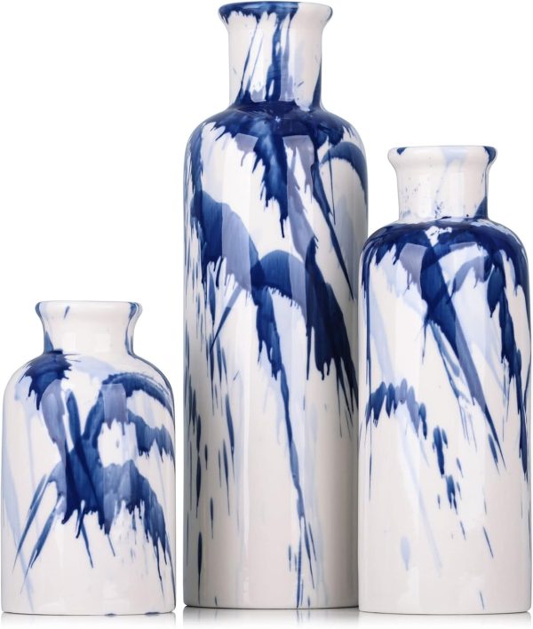 Blue Ceramic Vase Set of 3 - Decorative Navy Blue and White Vase for Centerpieces, Farmhouse and Home Decor - Ideal for Living Room, Kitchen, Bedroom, Dining Table and Office Decor