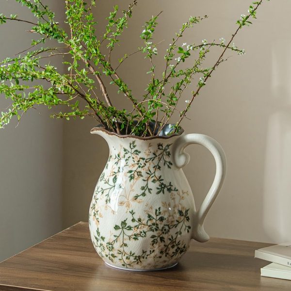 Green and White Vintage Vase with Handle, Chinoiserie Floral Pitcher Vase, Rustic Ceramic Farmhouse Vases for Home Decor, Living Room, Bookshelf, Office, Grand Millennial Decors, Tuscan Decor 7.9 Inch