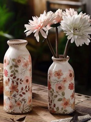 Small Rustic Ceramic Flower Vase - Farmhouse Vase for Flowers,Vintage Vases for Home Decor,Farmhouse Decorative Vases for Living Room,Kitchen,Bedroom,Bathroom and Entryway Mantel