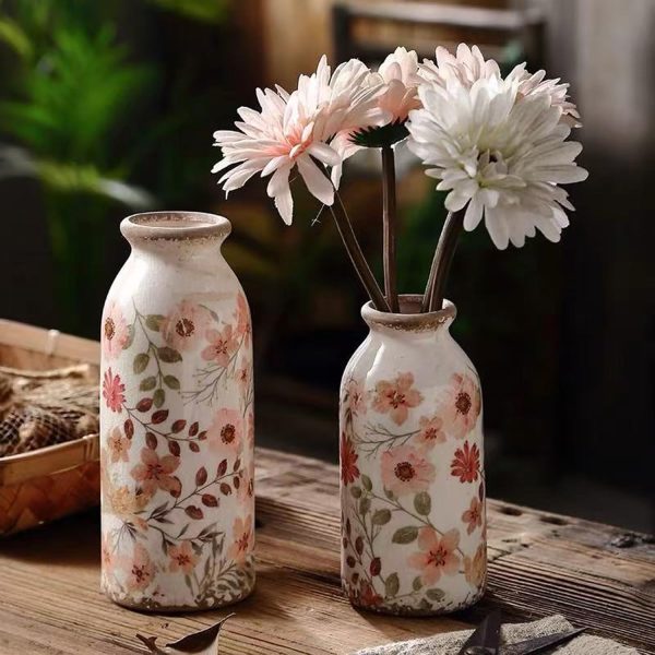 Small Rustic Ceramic Flower Vase - Farmhouse Vase for Flowers,Vintage Vases for Home Decor,Farmhouse Decorative Vases for Living Room,Kitchen,Bedroom,Bathroom and Entryway Mantel