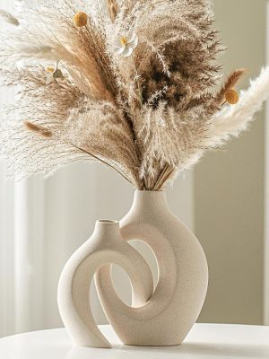 Hollow Ceramic Vase Set of 2, Nordic Modern Boho ins Style Decorative Ceramic Aesthetic Flower Vase for Home Decor (Milky White W 6.3" X H 8.4")
