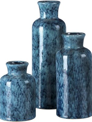 Blue Ceramic Vases Set,Small Vase Sets,Farmhouse Country Vases Home Decor,Living Room Table Decoration,Shelf Decor,and Entrance Decoration Centerpieces.