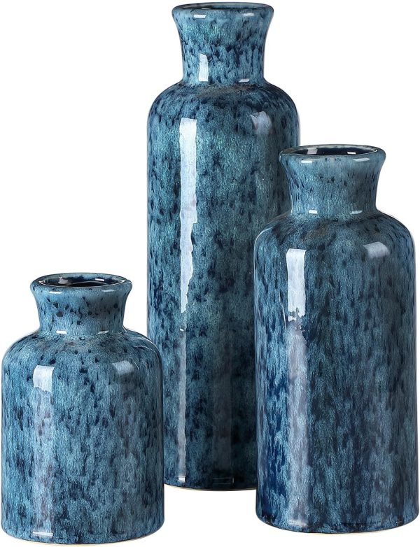 Blue Ceramic Vases Set,Small Vase Sets,Farmhouse Country Vases Home Decor,Living Room Table Decoration,Shelf Decor,and Entrance Decoration Centerpieces.