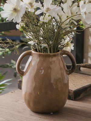 Brown Ceramic Vase with 2 Handles for Modern Farmhouse Home Decor, Vintage Rustic Decorative Vases, Small Vase for Fresh and Dried Flowers, Centerpiece Table Decorations, 7 Inch