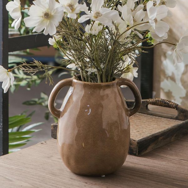 Brown Ceramic Vase with 2 Handles for Modern Farmhouse Home Decor, Vintage Rustic Decorative Vases, Small Vase for Fresh and Dried Flowers, Centerpiece Table Decorations, 7 Inch