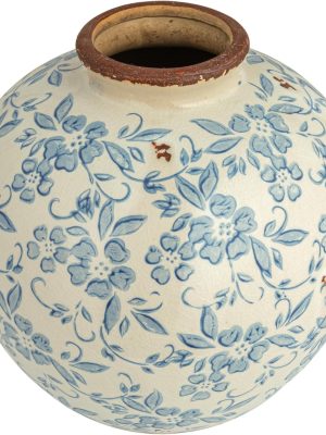 8" H Terracotta Floral Transferware Pattern & Crackle Finish Vase, Blue