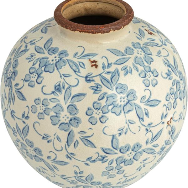 8" H Terracotta Floral Transferware Pattern & Crackle Finish Vase, Blue