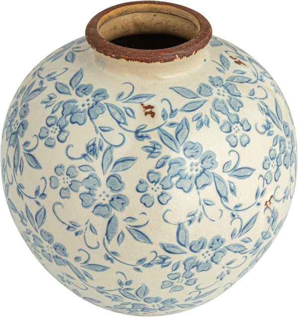 8" H Terracotta Floral Transferware Pattern & Crackle Finish Vase, Blue