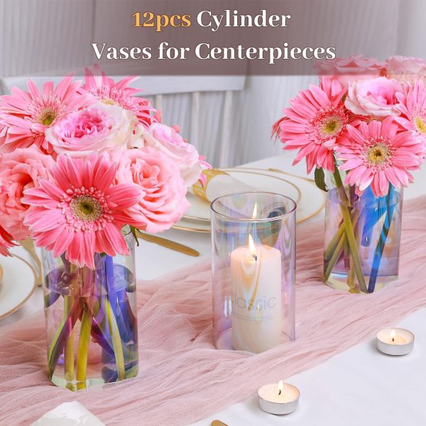 12pcs Glass Cylinder Vases for Centerpieces, Iridescent Vases for Wedding Decorations and Indoor Home Decor, 6 Inch Tall Glass Flower Vases, Hurricane Candle Holder for Table Shelf